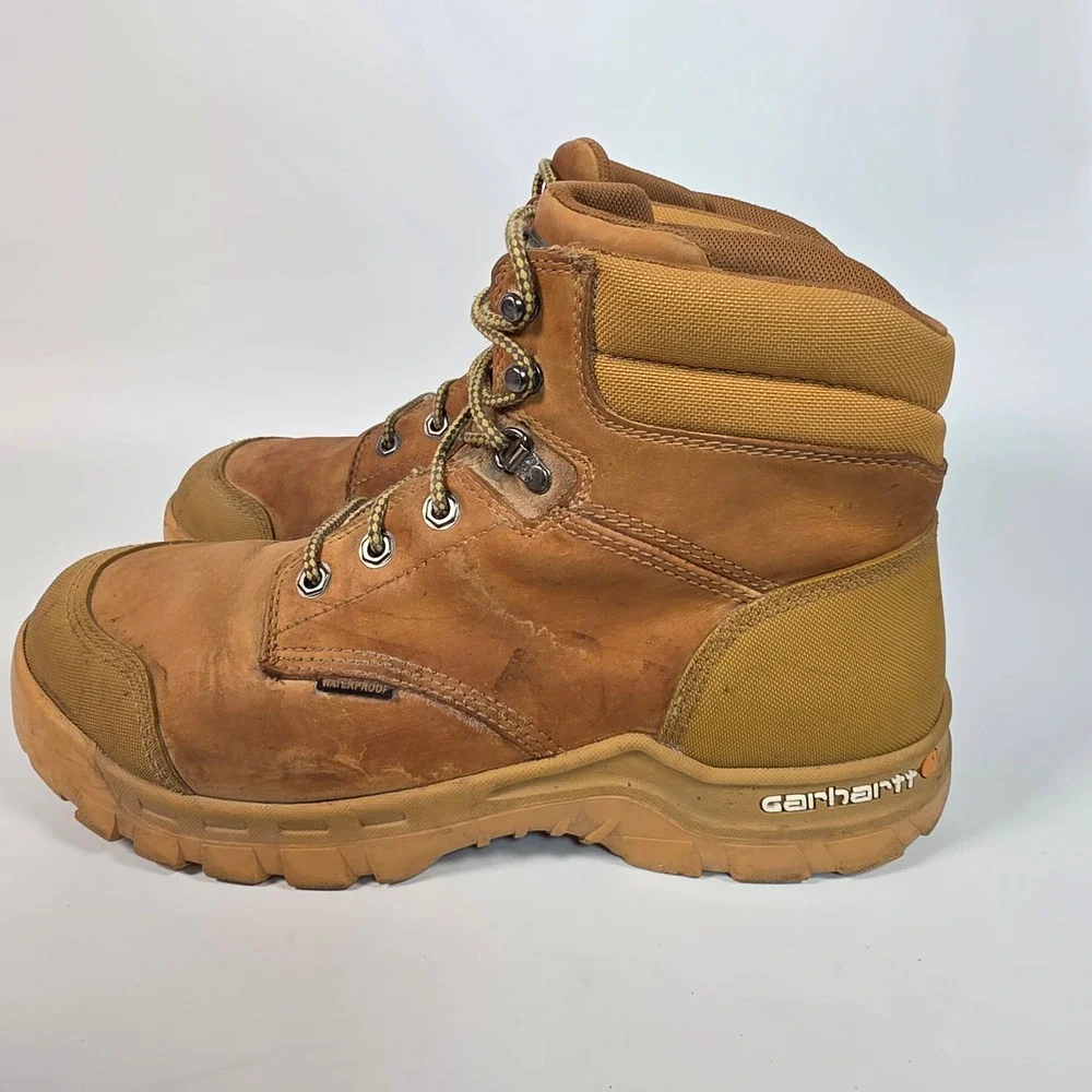 Carhartt Waterproof Work Boots Men's 12 Brown Leather Soft Toe Lace Up Workwear